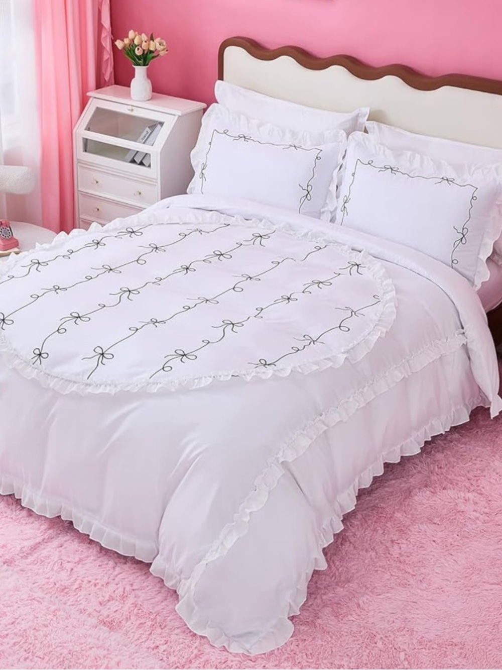 Dreamwaka King 3 Pcs White Bow Ruffle Bohemian Comforter Set